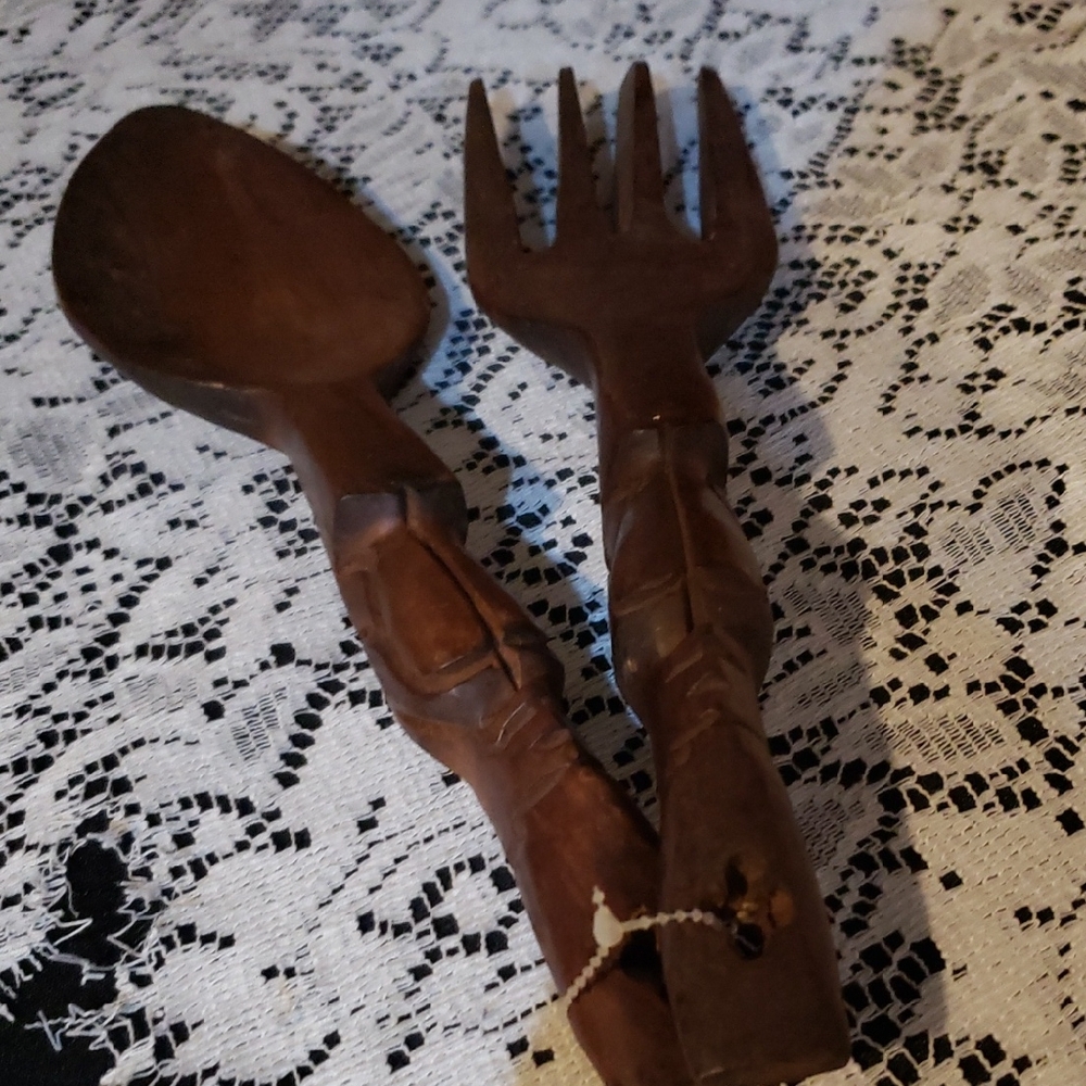 Wooden Fork and Spoon Set with Carved handles.